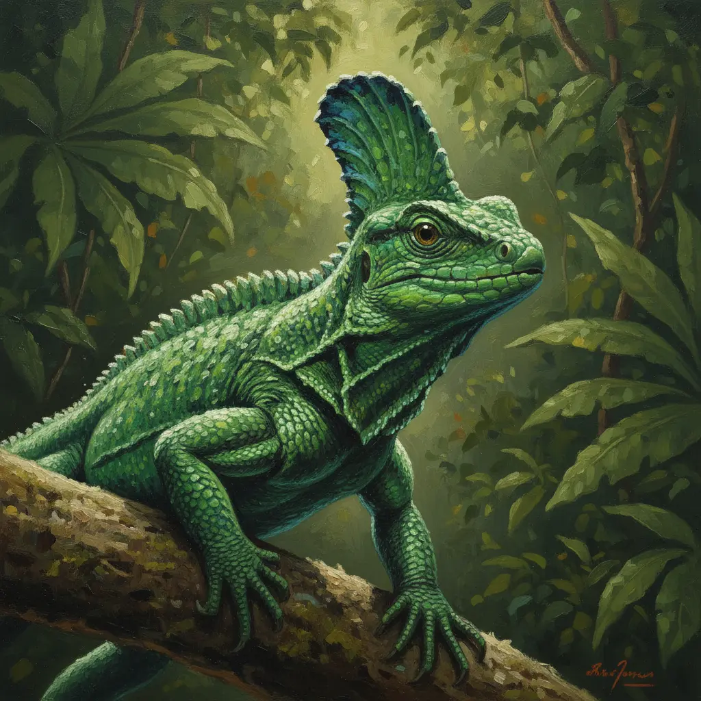 Un lagarto basilisco verde esmeralda con una cresta en la cabeza, quieto sobre una rama musgosa en la selva.