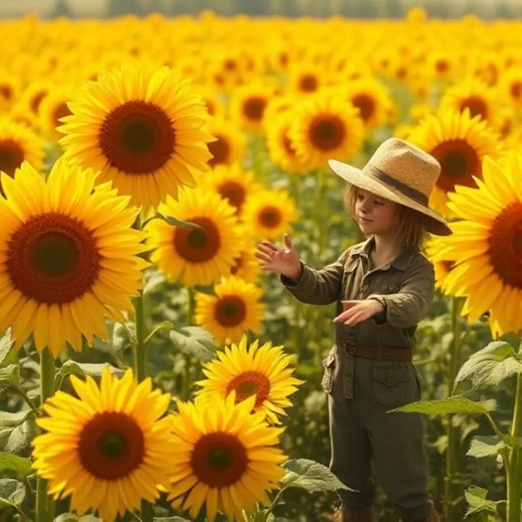 Un campo de girasoles vibrantes, todos mirando al sol, con Paja dirigiendo suavemente.
