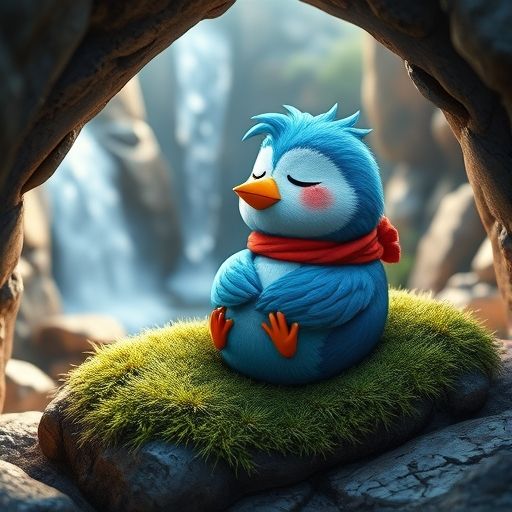 Pío el pajarito acurrucado, mirando agradecido la cascada de gotas de agua.