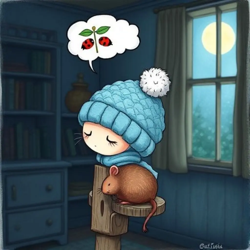 Copito en su perchero con Pipo dormido, soñando con mariquitas en su carrusel.