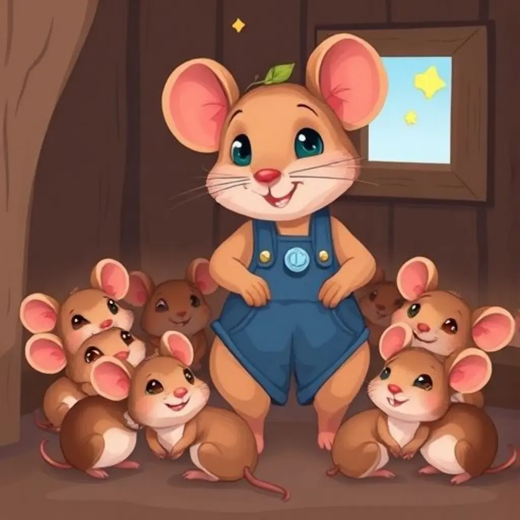 Timoteo el ratón compartiendo su mapa de sonidos con otros ratones en un rincón seguro del granero.