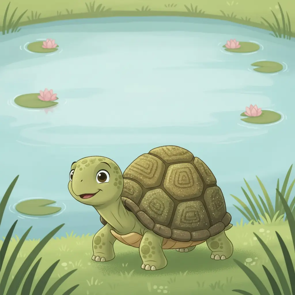 Lenta la tortuga camina despacio por la orilla del estanque, sus patitas rozan la hierba húmeda.