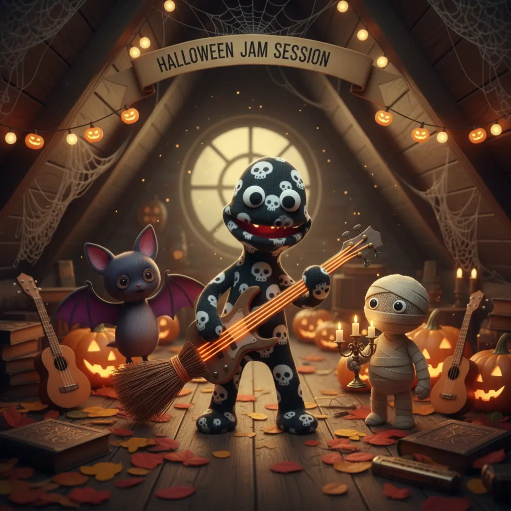 Calixto, el Calcetín Calavera, junto a sus amigos Murciélago Desafinado y Momia Melódica, listos para tocar.