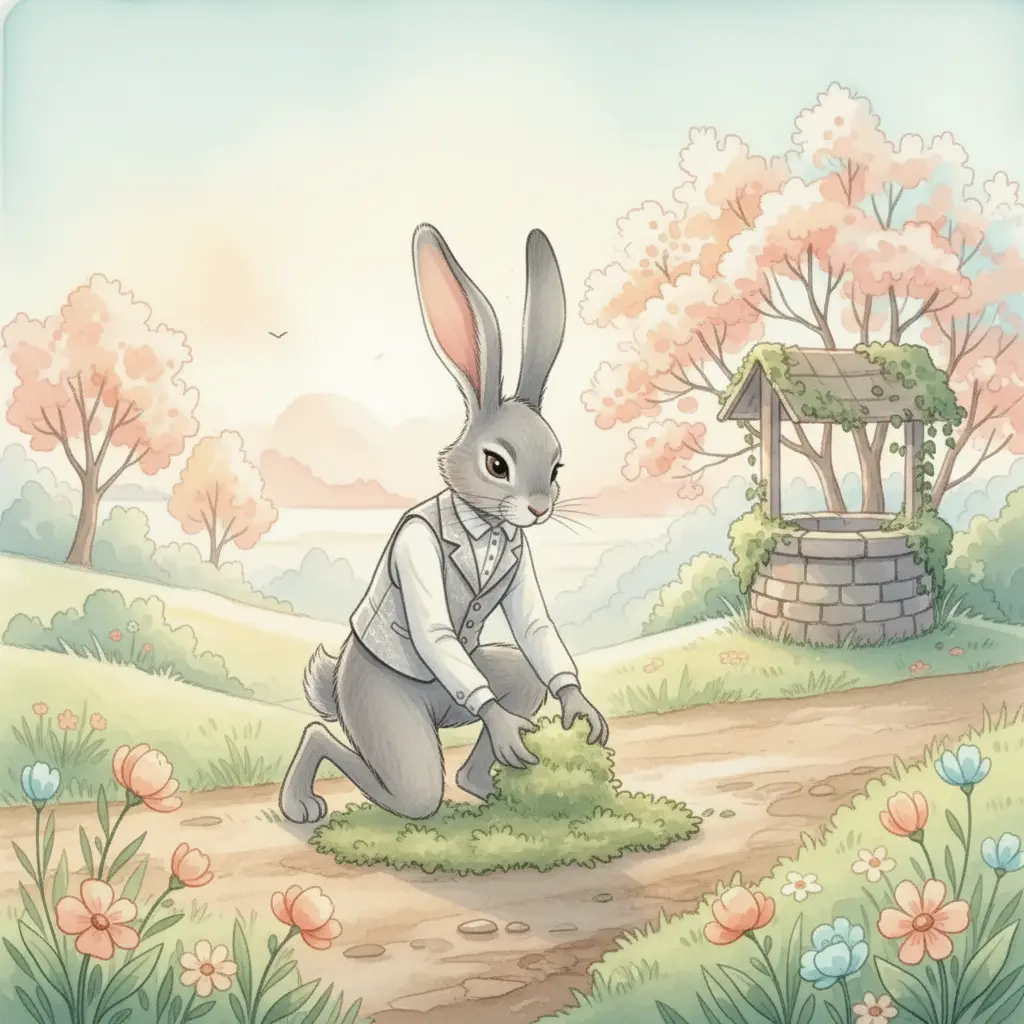 Benito coloca trozos de musgo verde sobre el suelo para crear un camino suave.