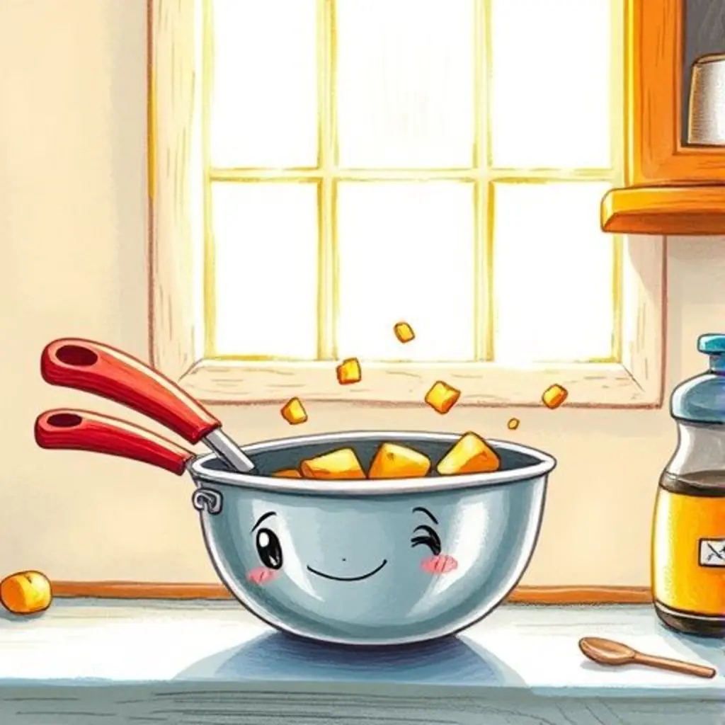 Sartén Chispeante, una sartén de juguete, brilla bajo el sol mientras las migas bailan y emiten luces.