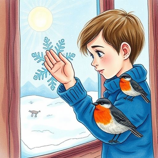 Leo escucha atento el copo de nieve que se derrite, mientras el petirrojo Pip observa.