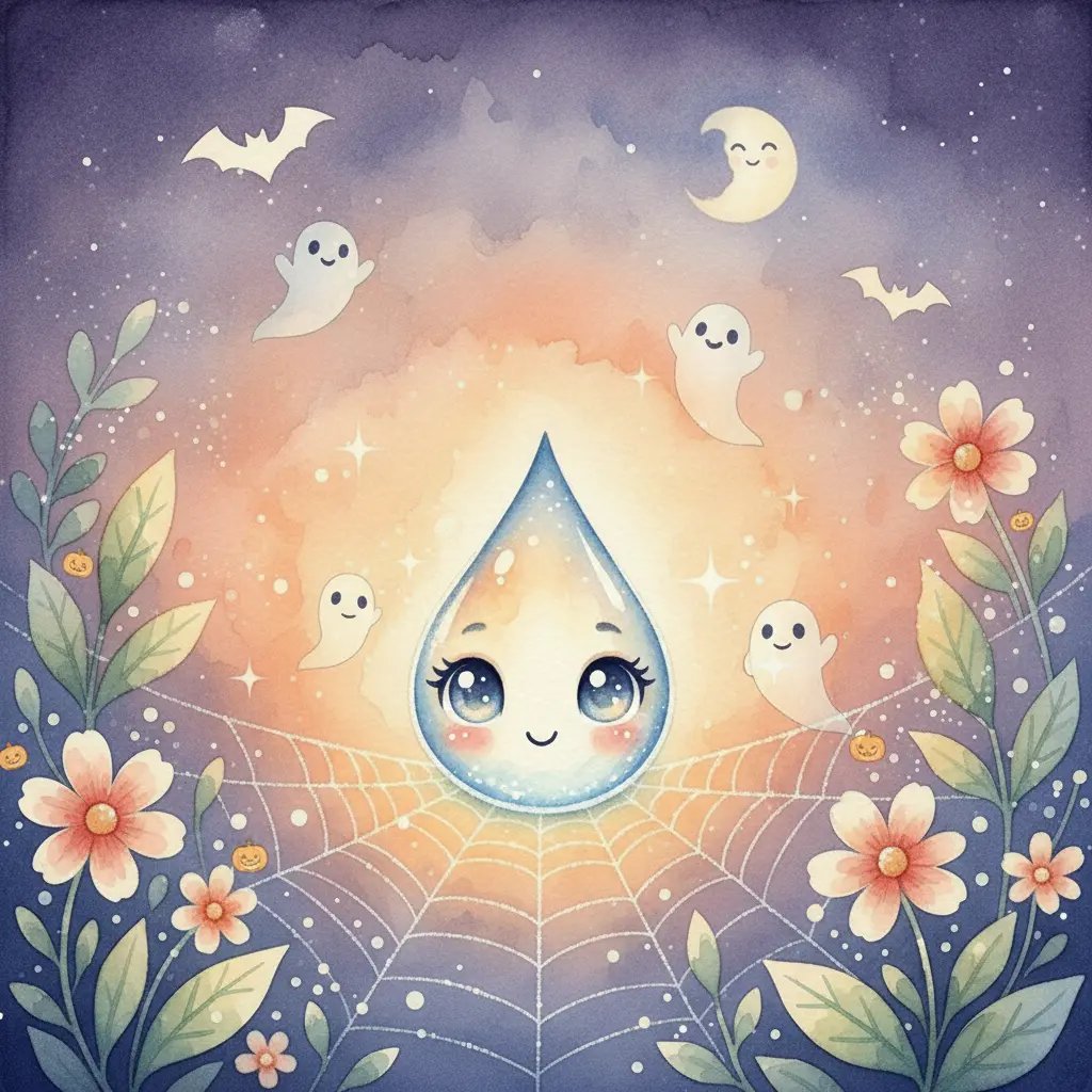 Una gotita de rocío en una telaraña al amanecer, mirando el prado.