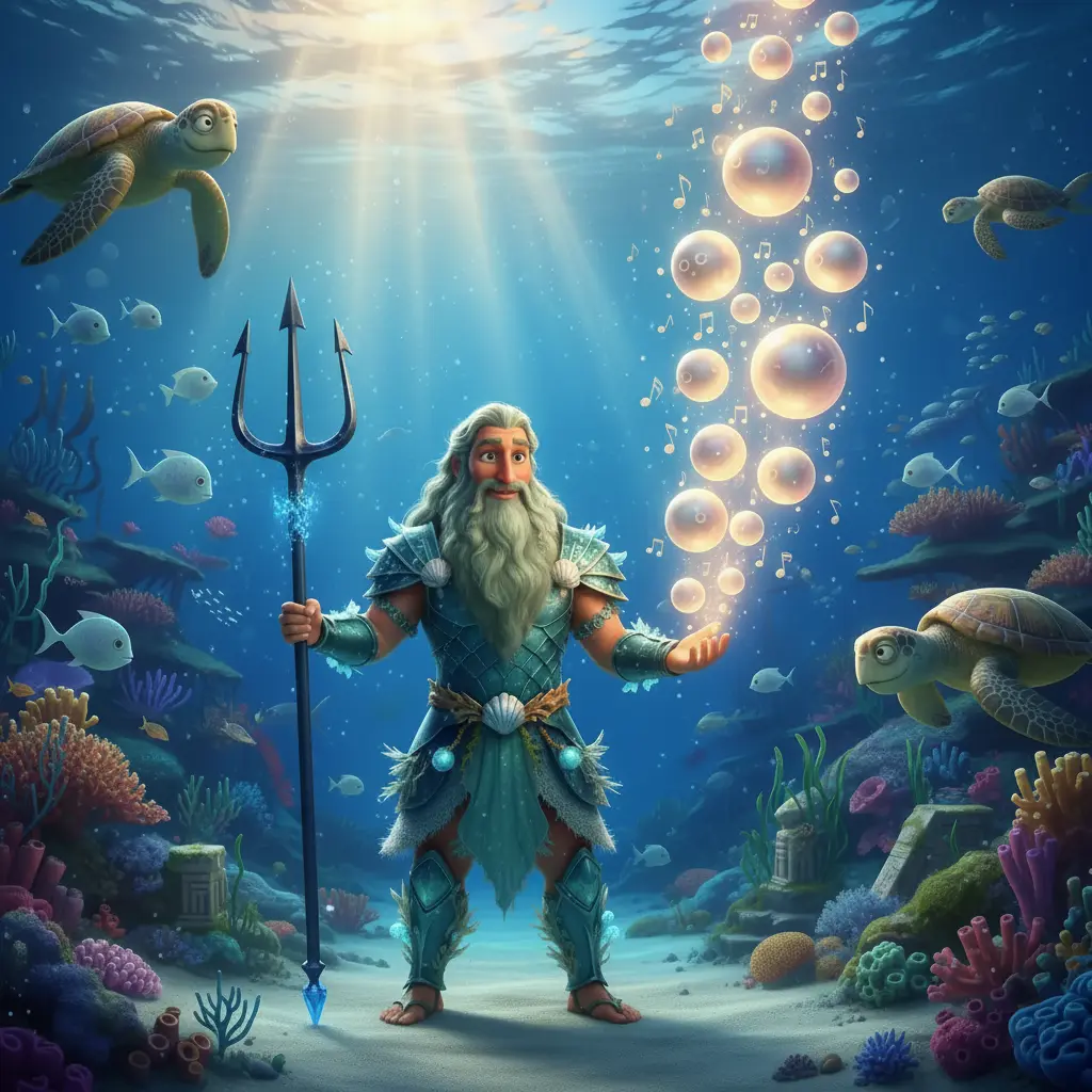 Poseidón, el rey del mar, observa cómo las gotas de agua se vuelven perlas brillantes.