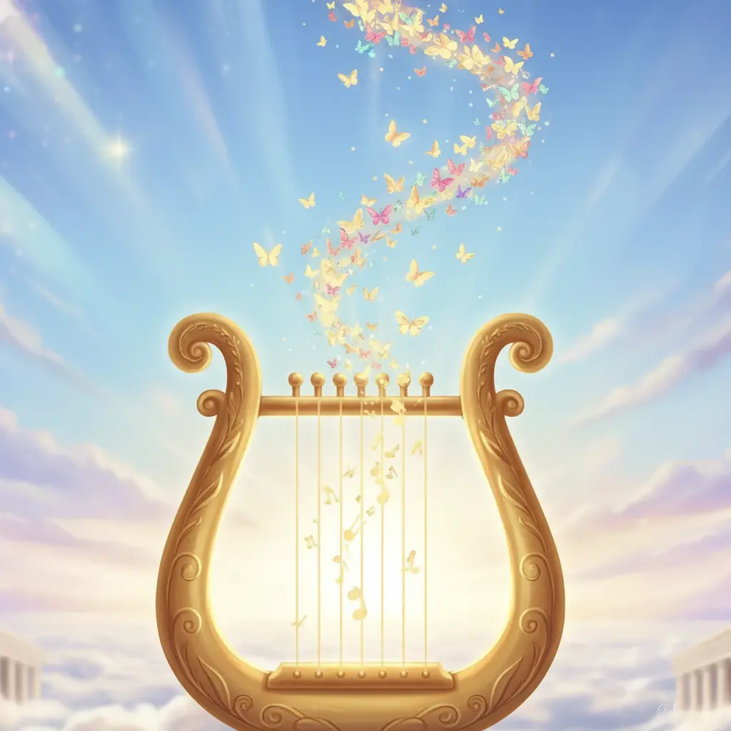 La lira dorada de Apolo, de donde brotan notas mágicas que se convierten en mariposas.