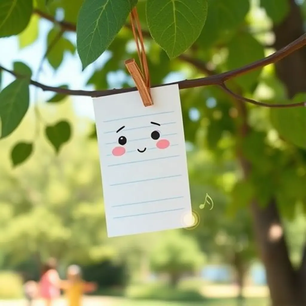 Papiro, una hoja de papel, en una rama de árbol atrapando un sonido mágico.
