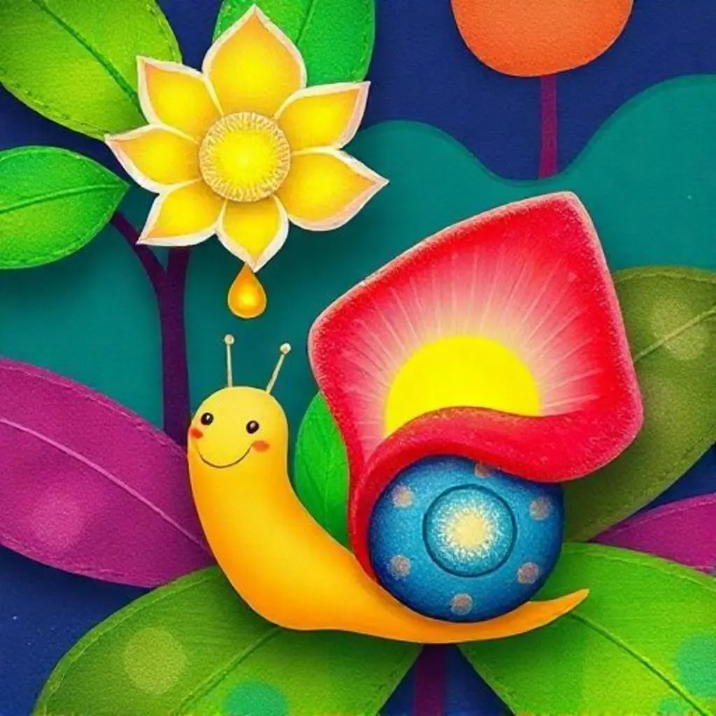 Pip el caracol sonríe a la bromelia, que brilla con los colores del arcoíris y le ofrece néctar.