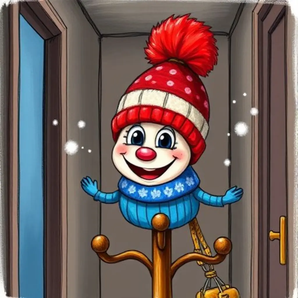 Gorro Lindo, un gorro de lana azul con pompon rojo, se balancea en un perchero, atrapando pensamientos felices.