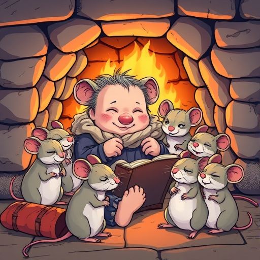 Ovillo Pelusa y los ratoncitos descansan felices junto a la chimenea, después de una noche de cuentos.