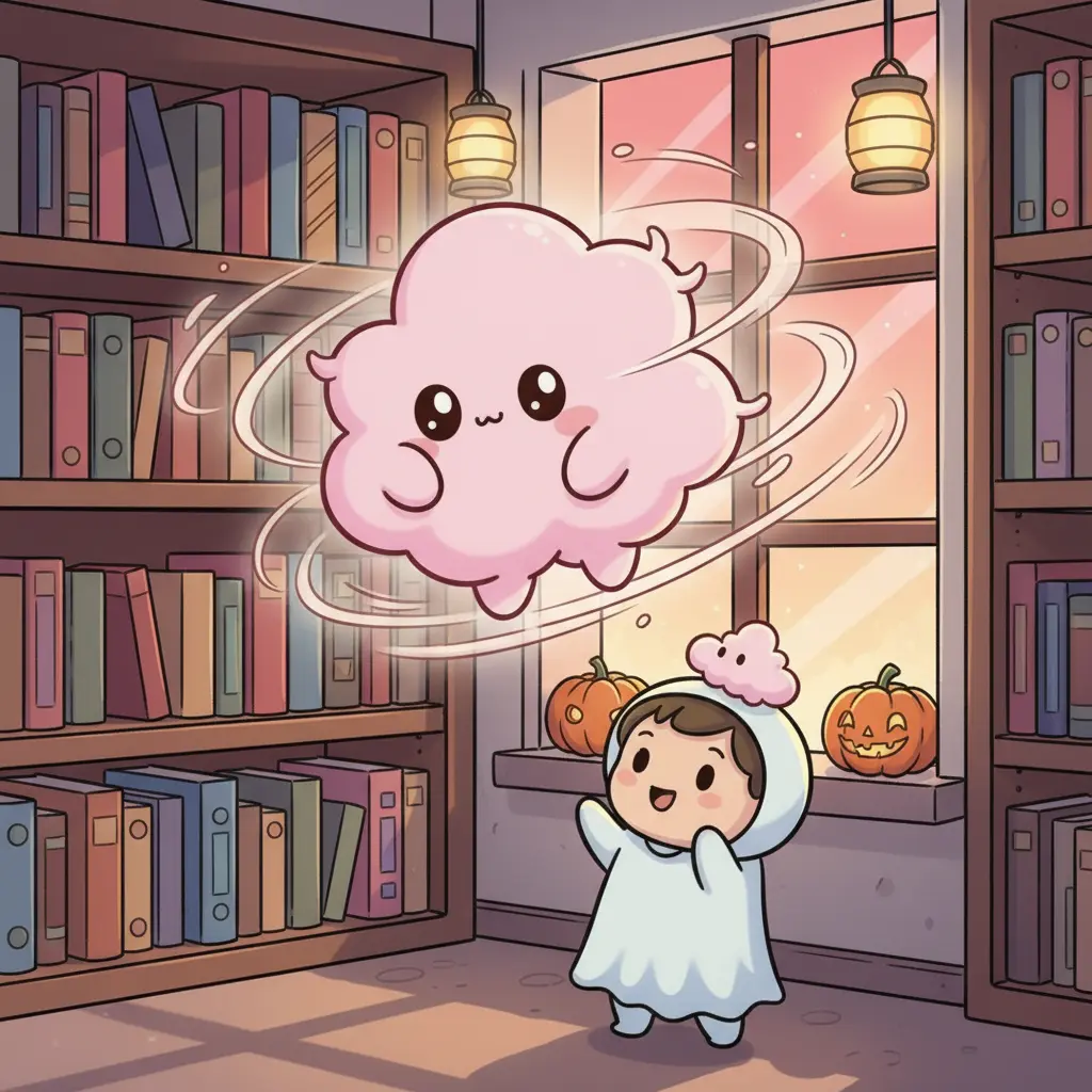 Nubi, la nube rosa, gira por el viento. Un caramelo cae en la cabeza de un niño disfrazado de fantasma mientras Nubi piensa qué hacer.