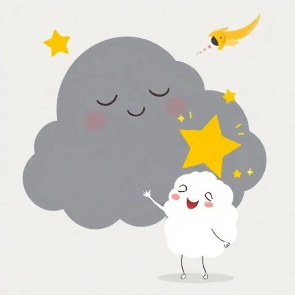 Nimbo toca su estrella, junto a Lumi y Estela, mientras la nube oscura ronca dormida.