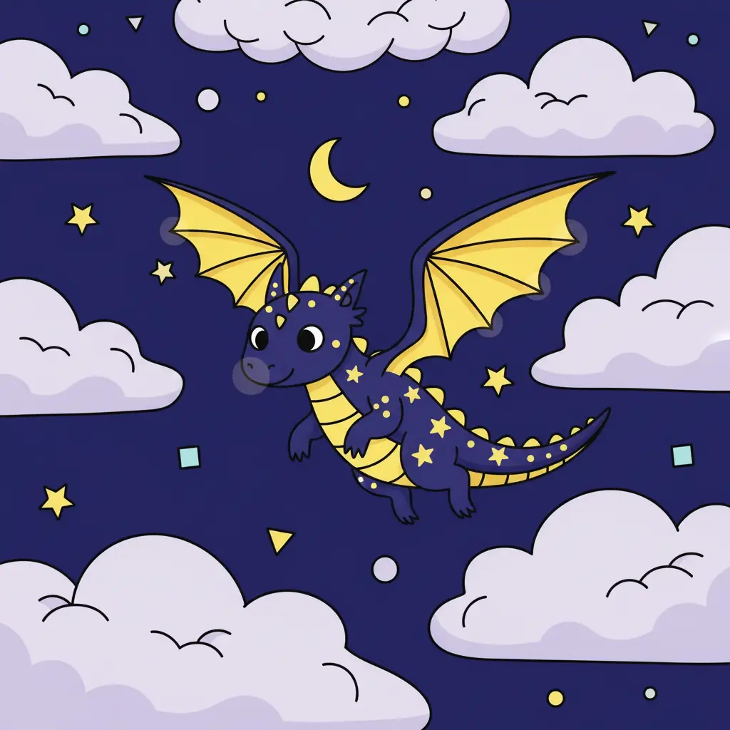 La dragona Lyra volando entre nubes de color lavanda en un cielo nocturno.