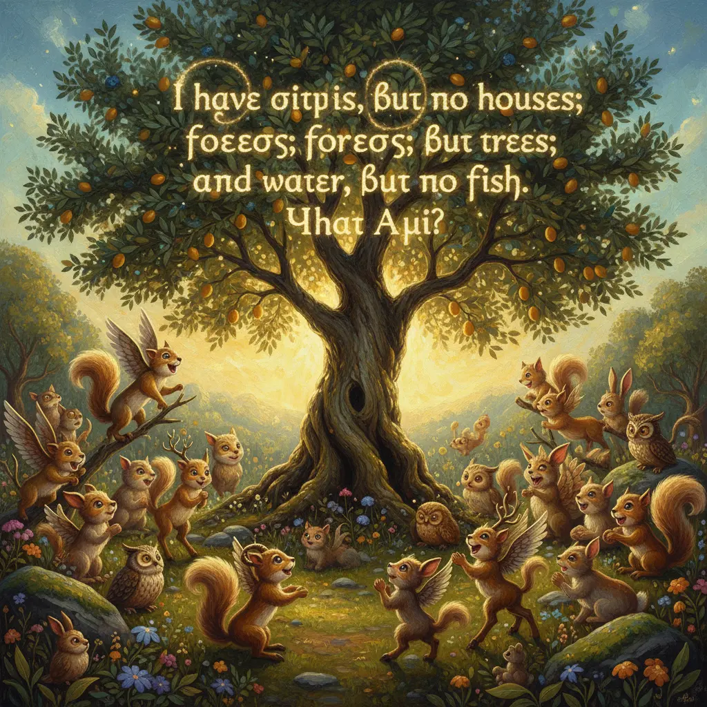 Pequeñas criaturas del Olimpo se reúnen bajo el olivo, mirando con asombro cómo las letras forman un acertijo brillante.