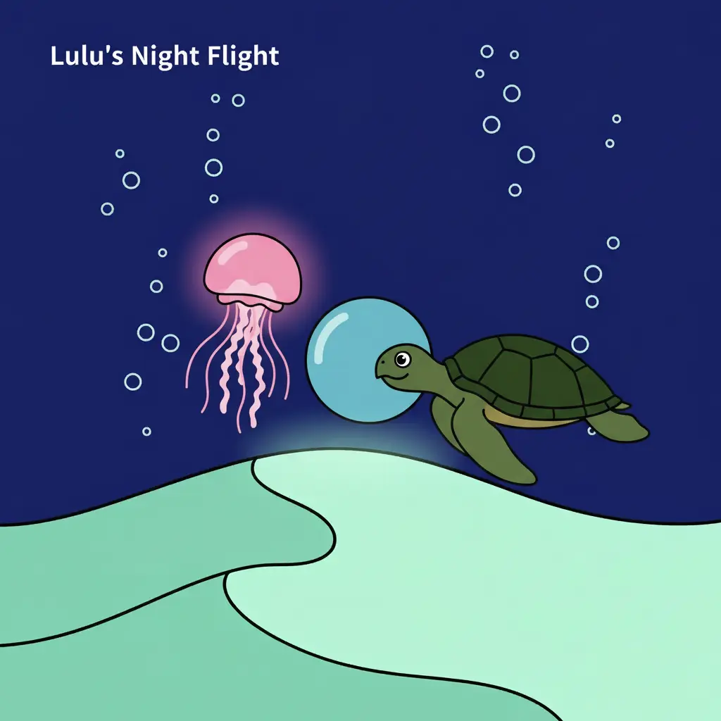 Una tortuga verde le entrega una burbuja azul transparente a la pequeña medusa rosa.