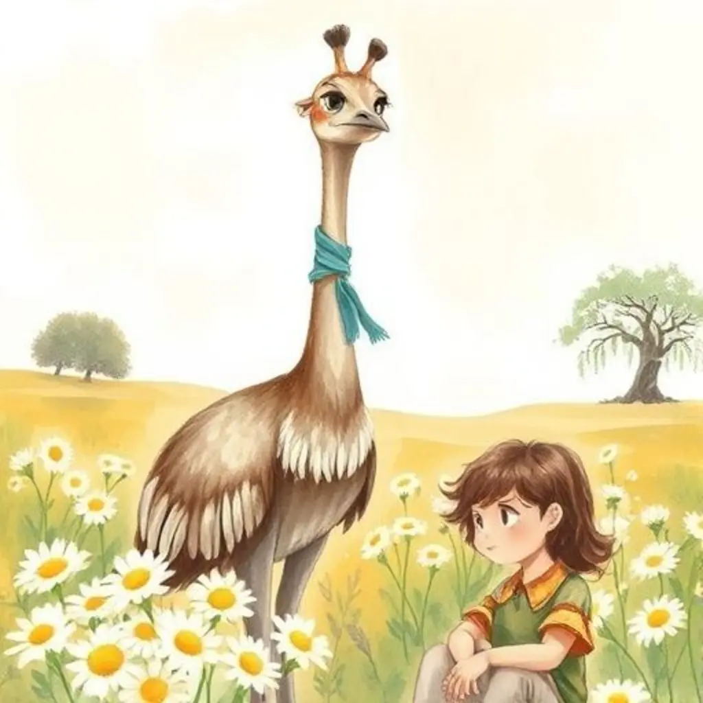 Patilargo, el ñandú, estira su cuello como una jirafa para encontrar una muñeca.