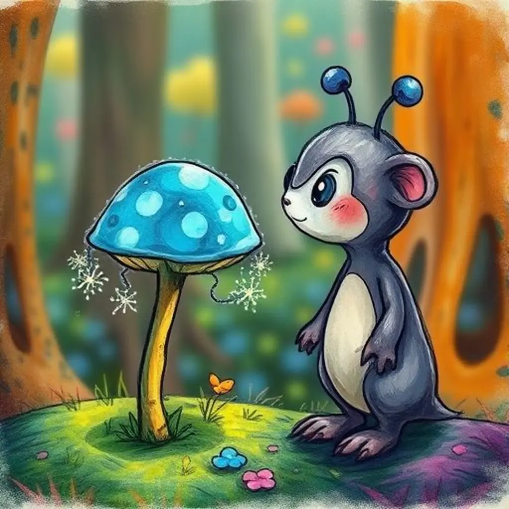 Zumbel se encuentra con Glis, un hongo brillante y parlanchín, en el bosque.