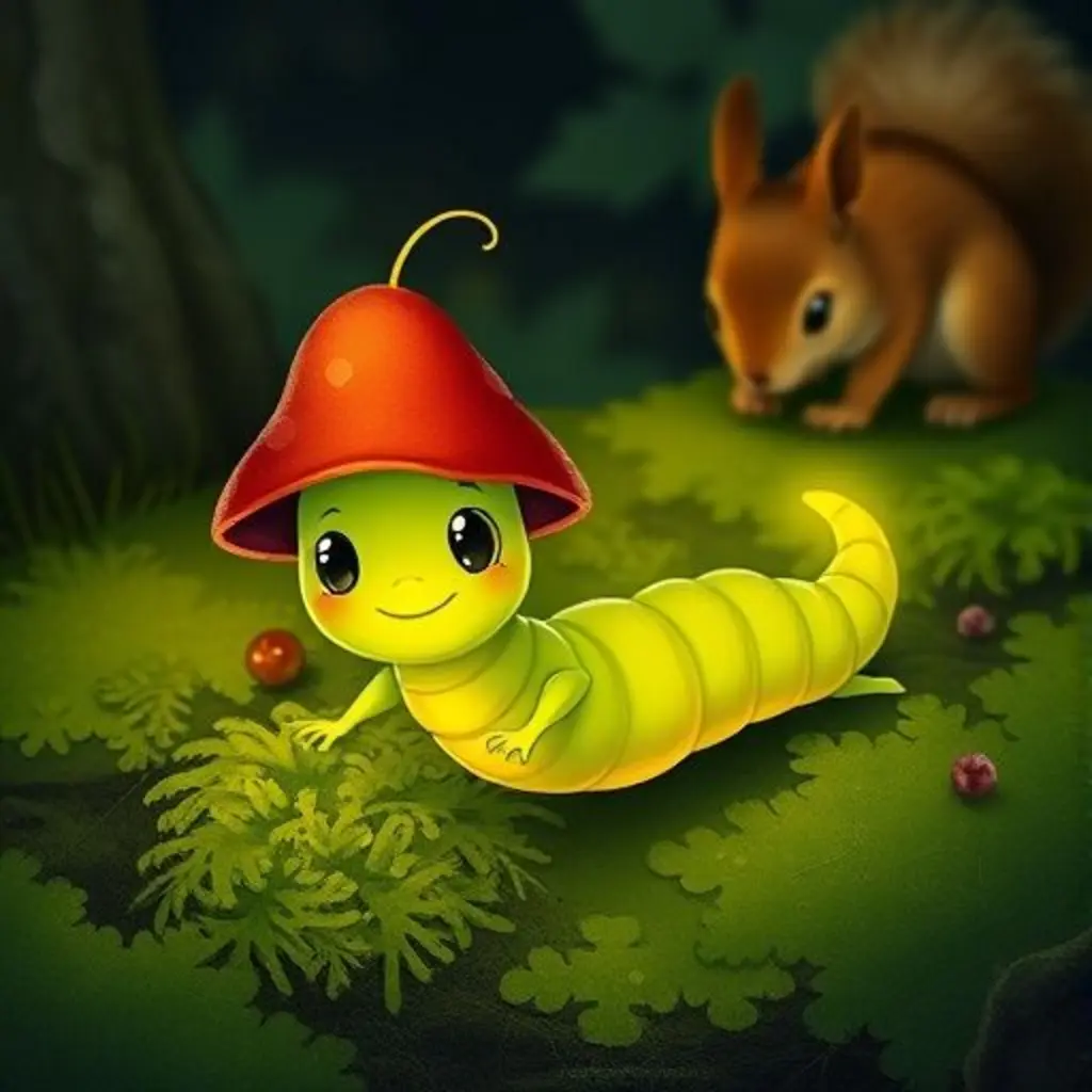 Gus, el gusanito, creando un camino luminoso mientras una ardilla busca bayas en la oscuridad.