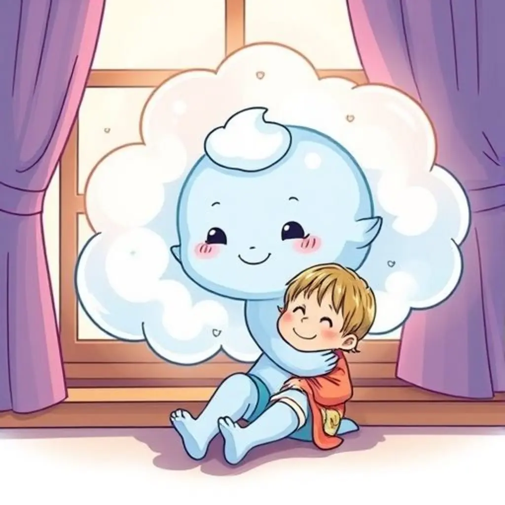 La nube de consuelo multicolor, con Suspirín, abraza a un niño triste que sonríe.
