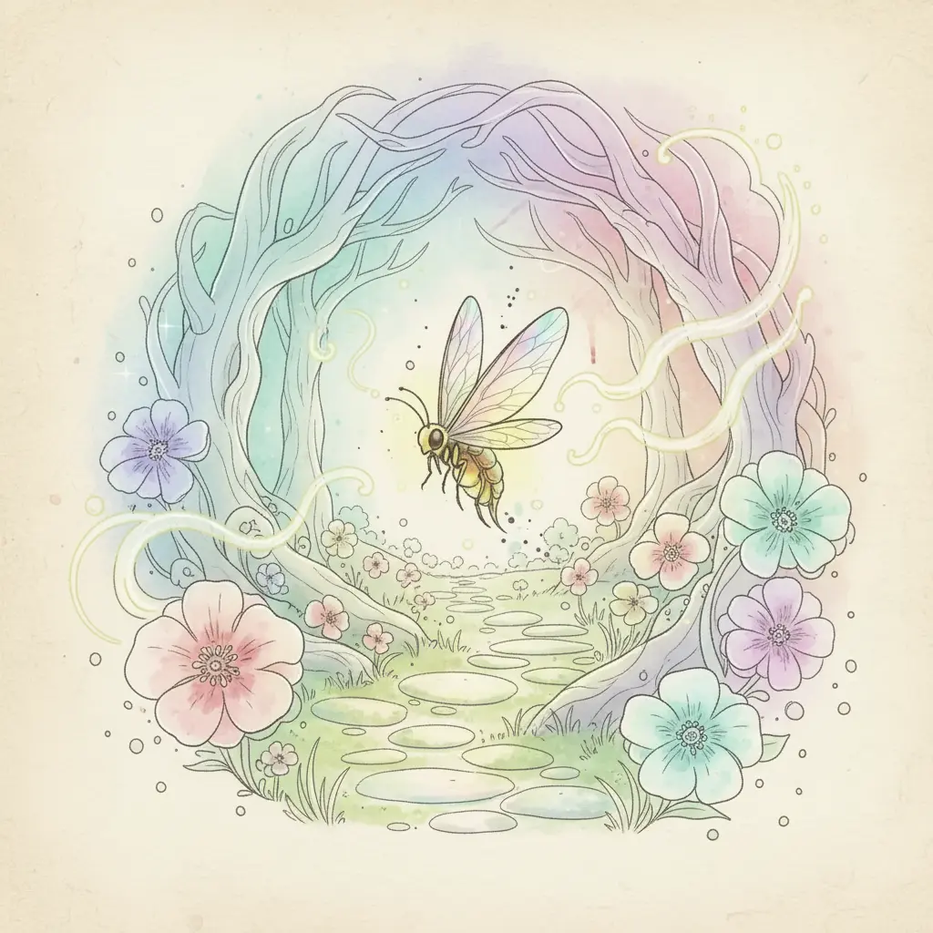 El farolillo volador ilumina un sendero oculto donde flores de colores cantan con su propia luz.