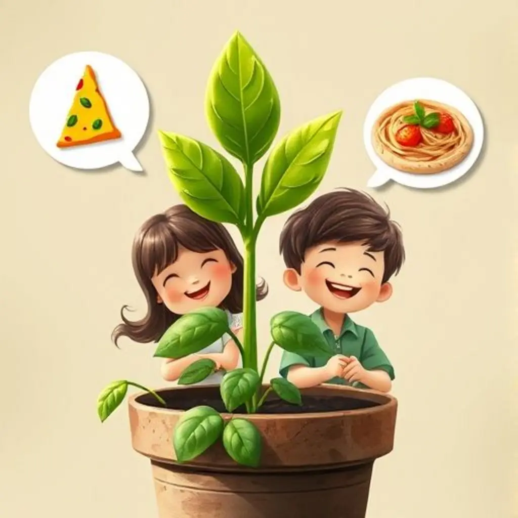 Hojita, la hoja de albahaca, viendo a dos niños recordar comidas felices con su aroma.