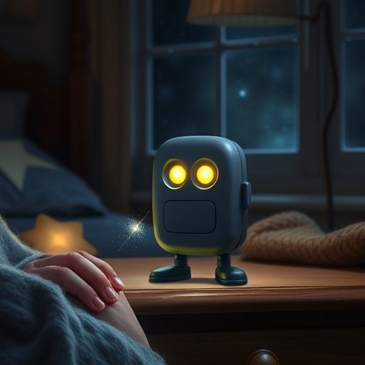 Botón Noche, un botón de garaje, brilla en la mesa de noche de un niño dormido.