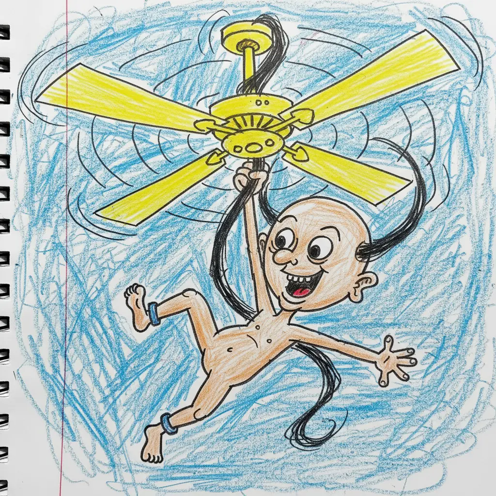 El niño cuelga del ventilador de techo enganchado por su pelo mientras gira velozmente.