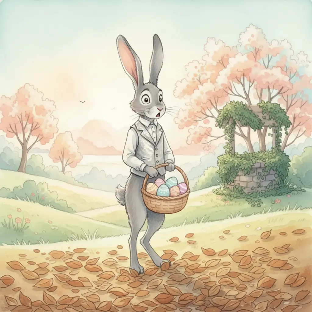 Un conejo gris con chaleco plateado camina asustado sobre hojas secas que crujen.