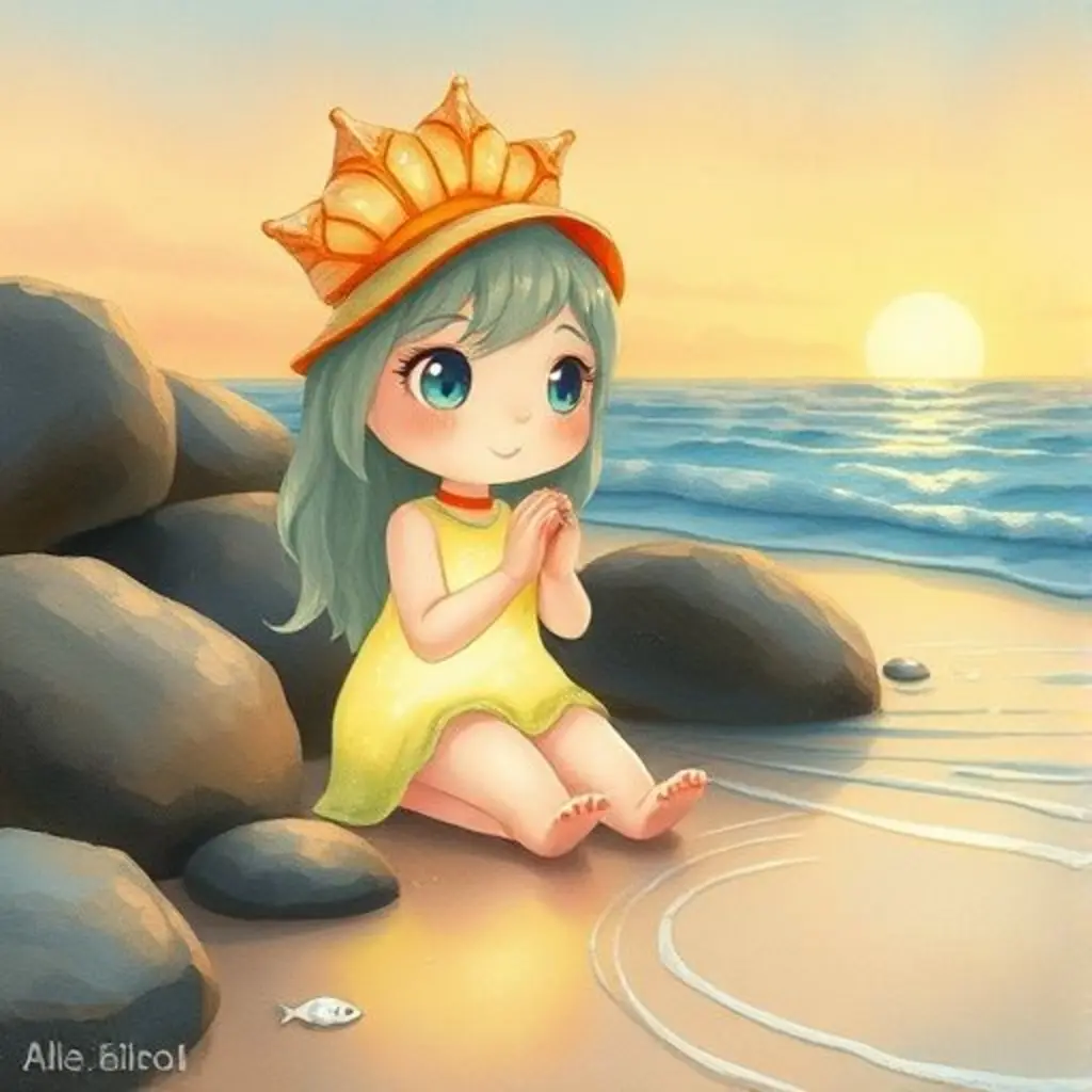 Suti escucha atenta a la ola cerca de las rocas redondas de la playa.