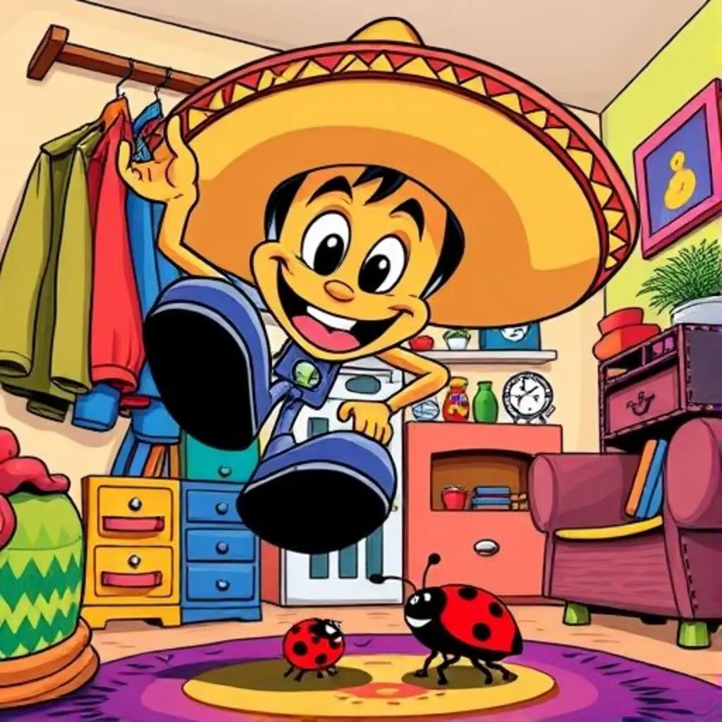 Sombrero Risitas, un sombrero sonriente, cae de un perchero y protege a una mariquita de un zapato.