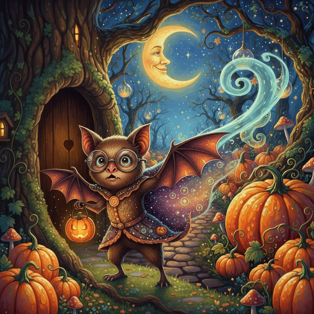 Pip, un murciélago con gafas, mira sorprendido cómo su disfraz de calabaza espacial vuela lejos con el viento, desde su casita en el árbol hacia un bosque mágico de calabazas.