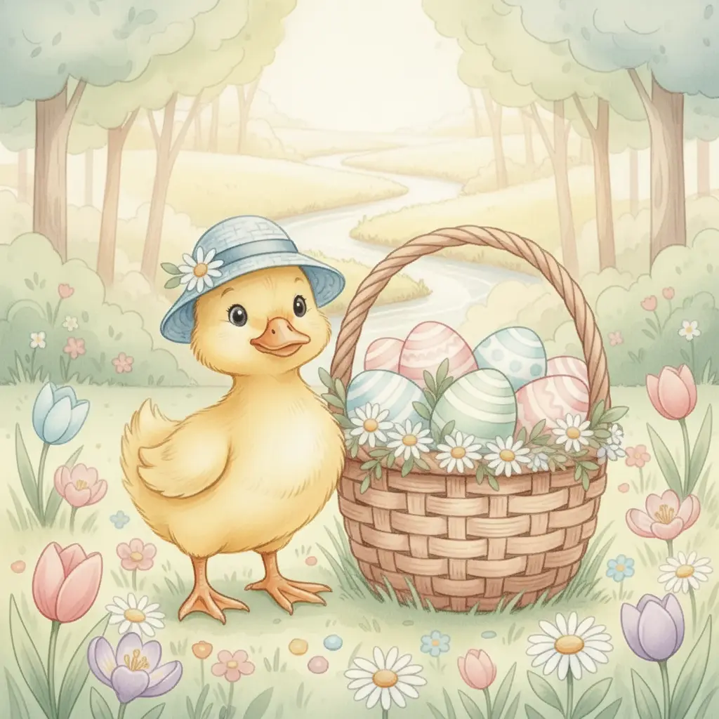 El patito junto a la cesta llena en un campo de margaritas.