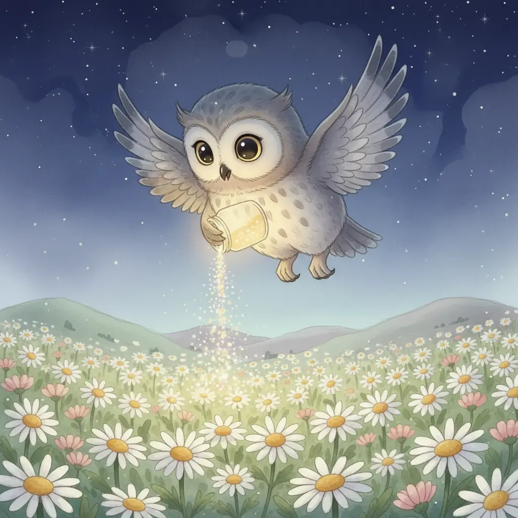 Ulises abre un frasco mágico sobre un campo de margaritas.