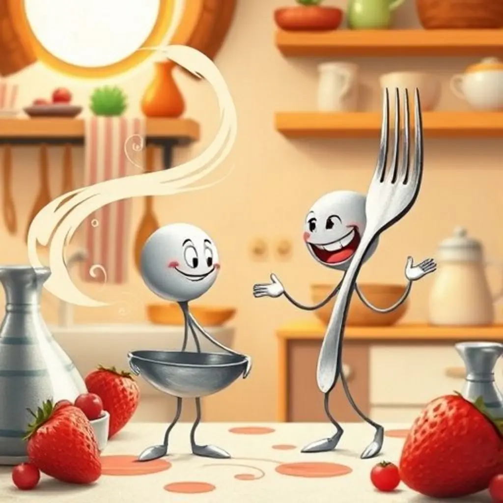 Tenedor Risitas, un tenedor sonriente, se acerca a Cucharita de Plata atraído por los dulces aromas.