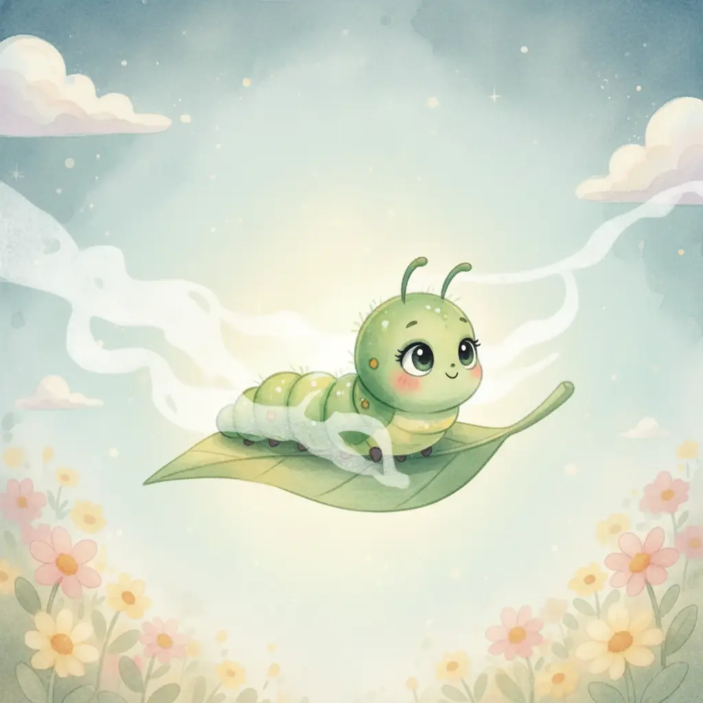 Una oruga Celeste en una hoja, tejiendo neblina.