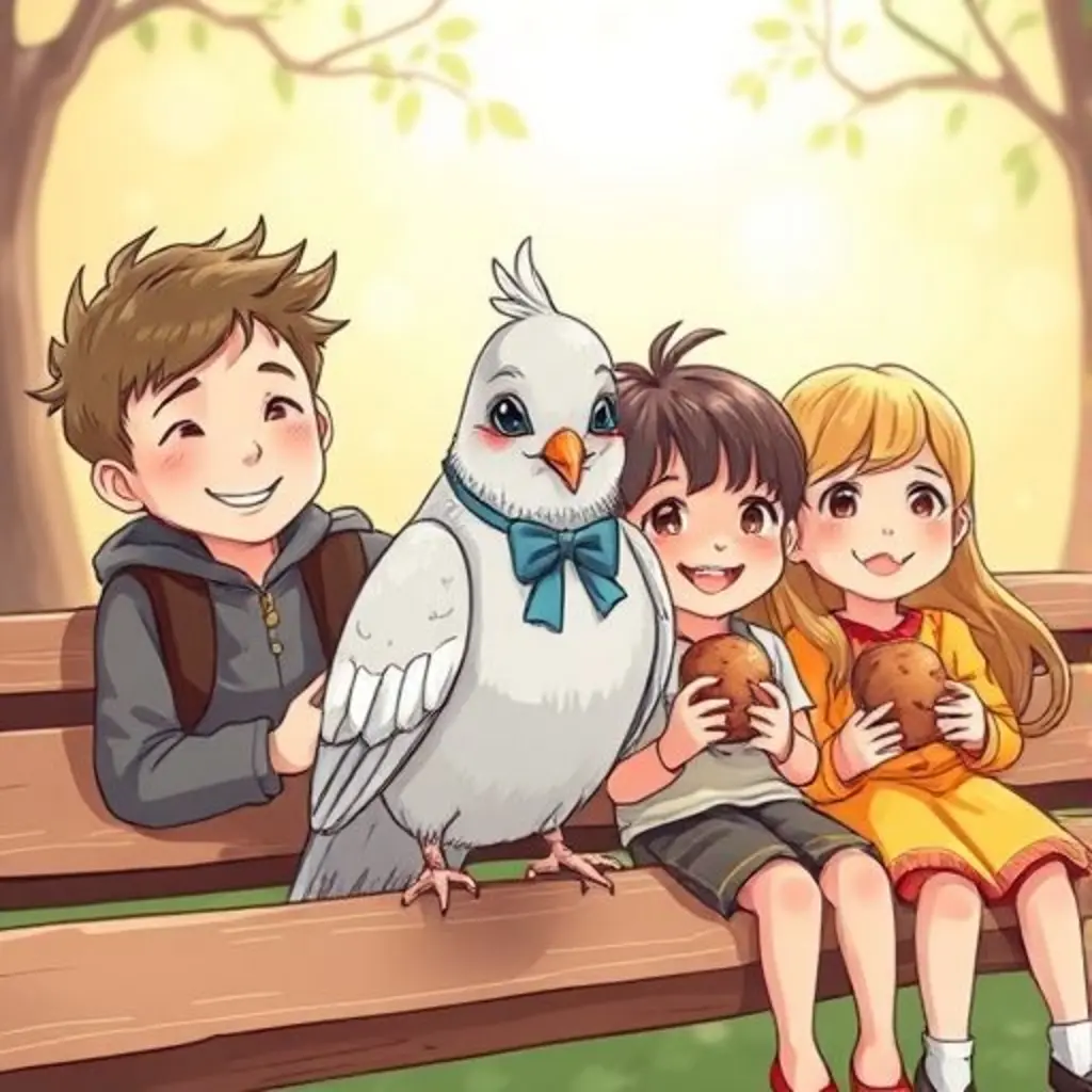 Pichona vuela feliz sobre un grupo de niños riendo y compartiendo.