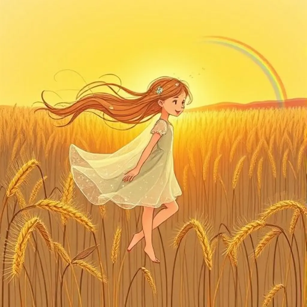 Torbellino, un remolino de viento juguetón, baila en un campo de trigo al atardecer, creando un pequeño arcoíris.