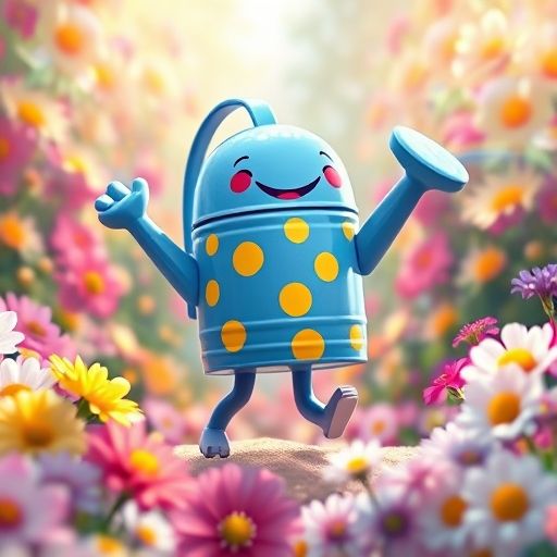 Gotitas baila feliz en un jardín lleno de flores coloridas, esparciendo arcoíris mágicos.
