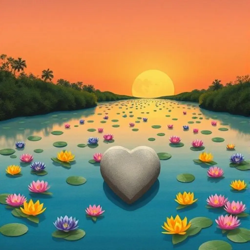 El río al atardecer, cubierto de nenúfares de colores, con la piedra Corazón de Río en la orilla.