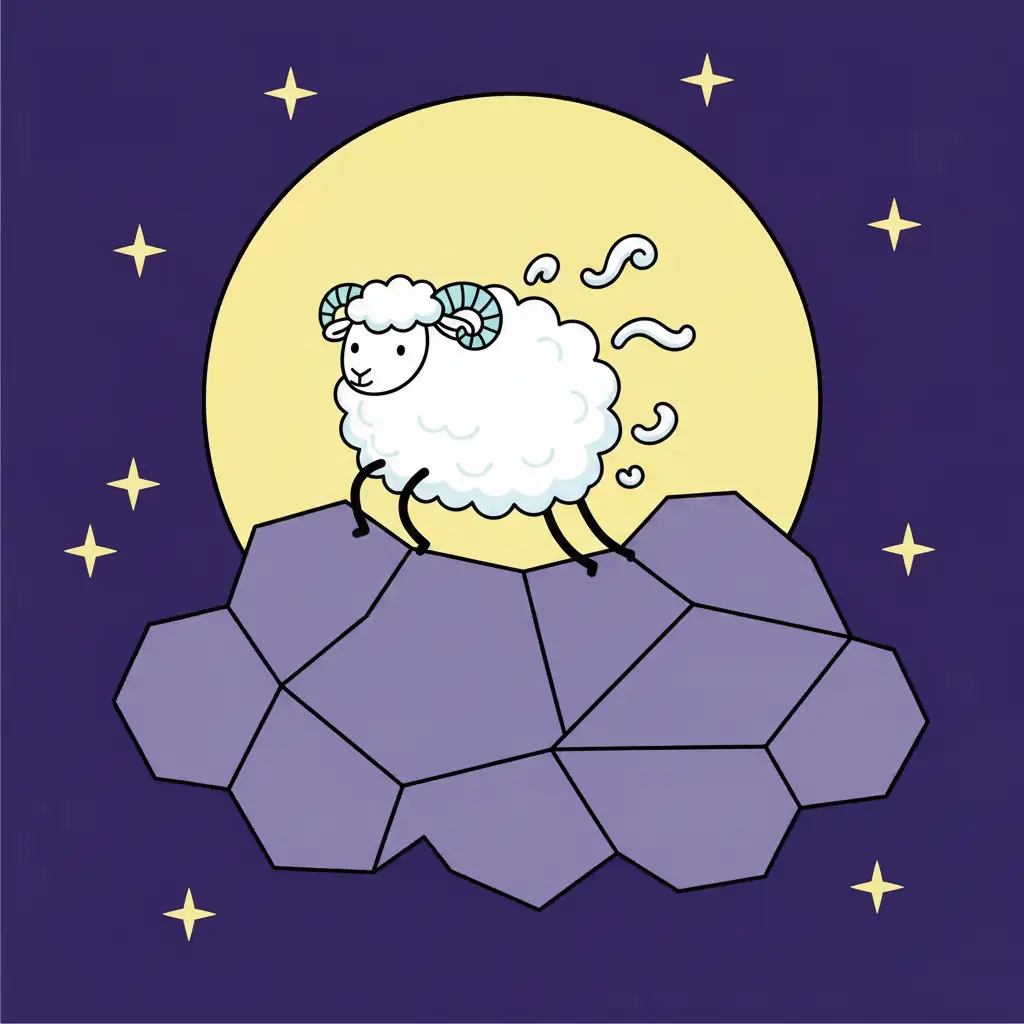 Una ovejita blanca y redonda saltando sobre una nube geométrica bajo un cielo violeta.