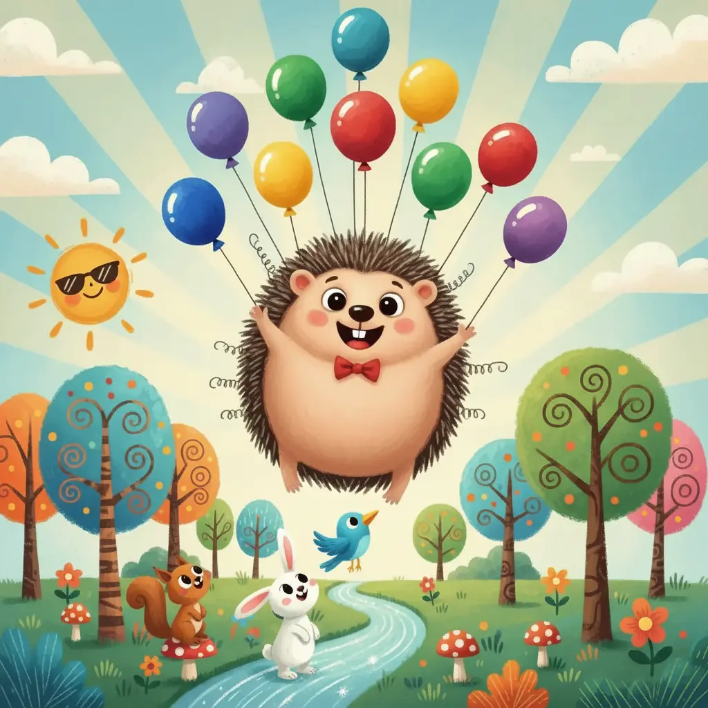 Rueditas vuela por el Bosque Chiflado, riendo mientras los animales lo miran sorprendidos.