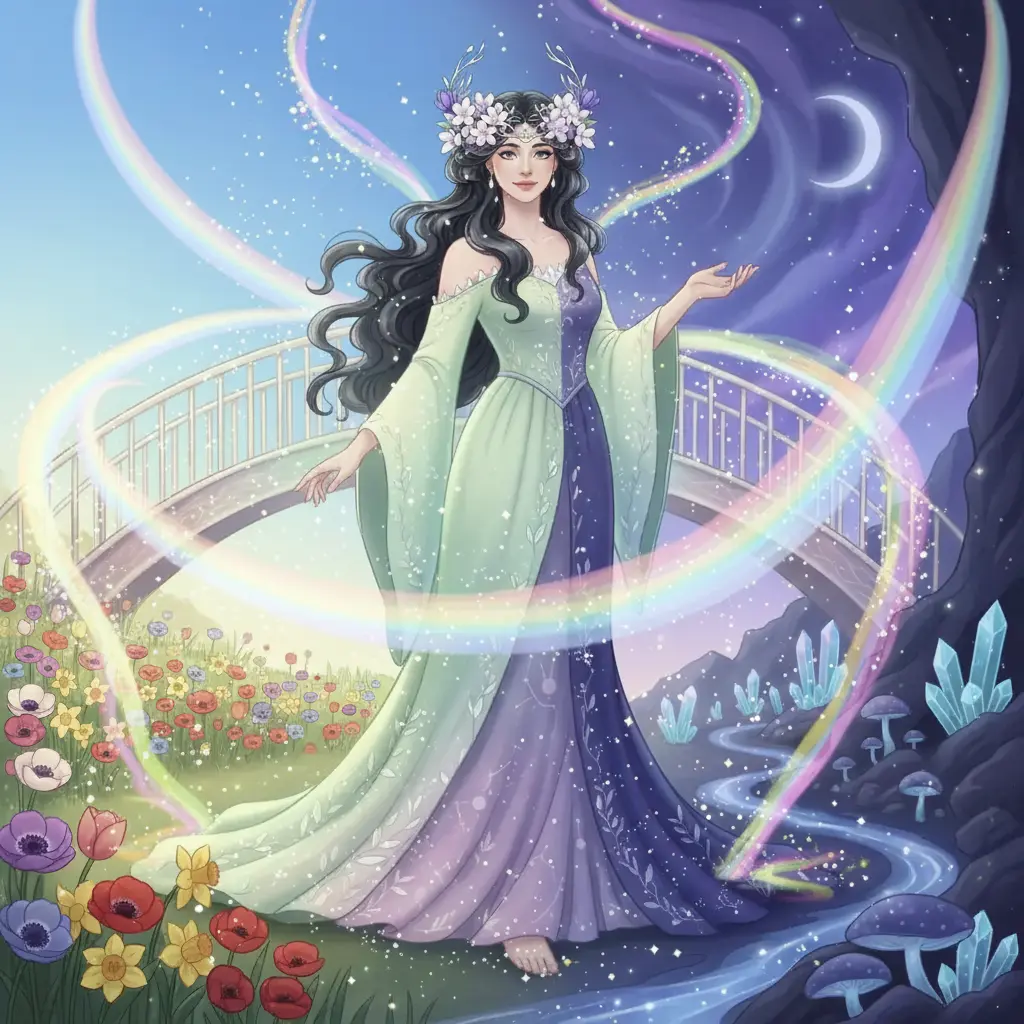 Puentes de colores unen el inframundo y la superficie, con luz y sombra bailando en ellos.