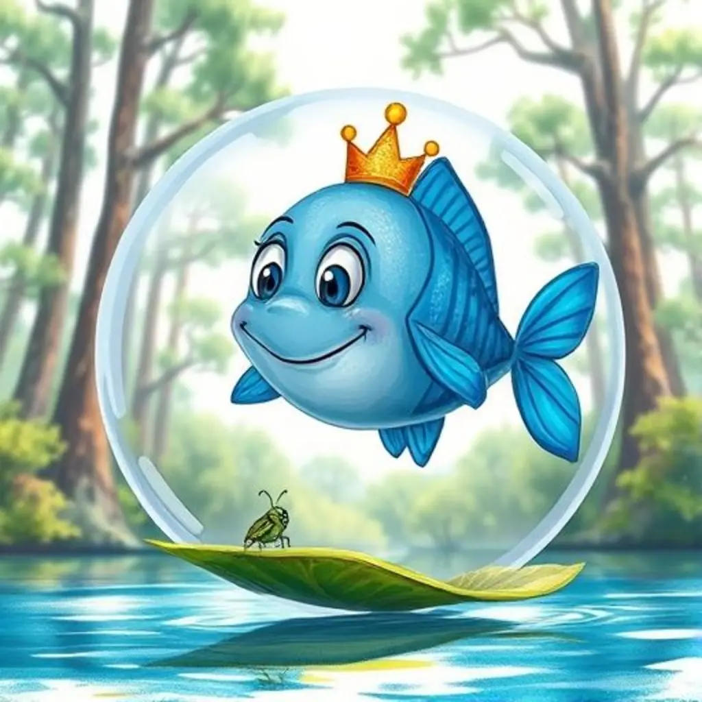 Pececito Salto, en su burbuja, mira a un pequeño insecto varado en una hoja.
