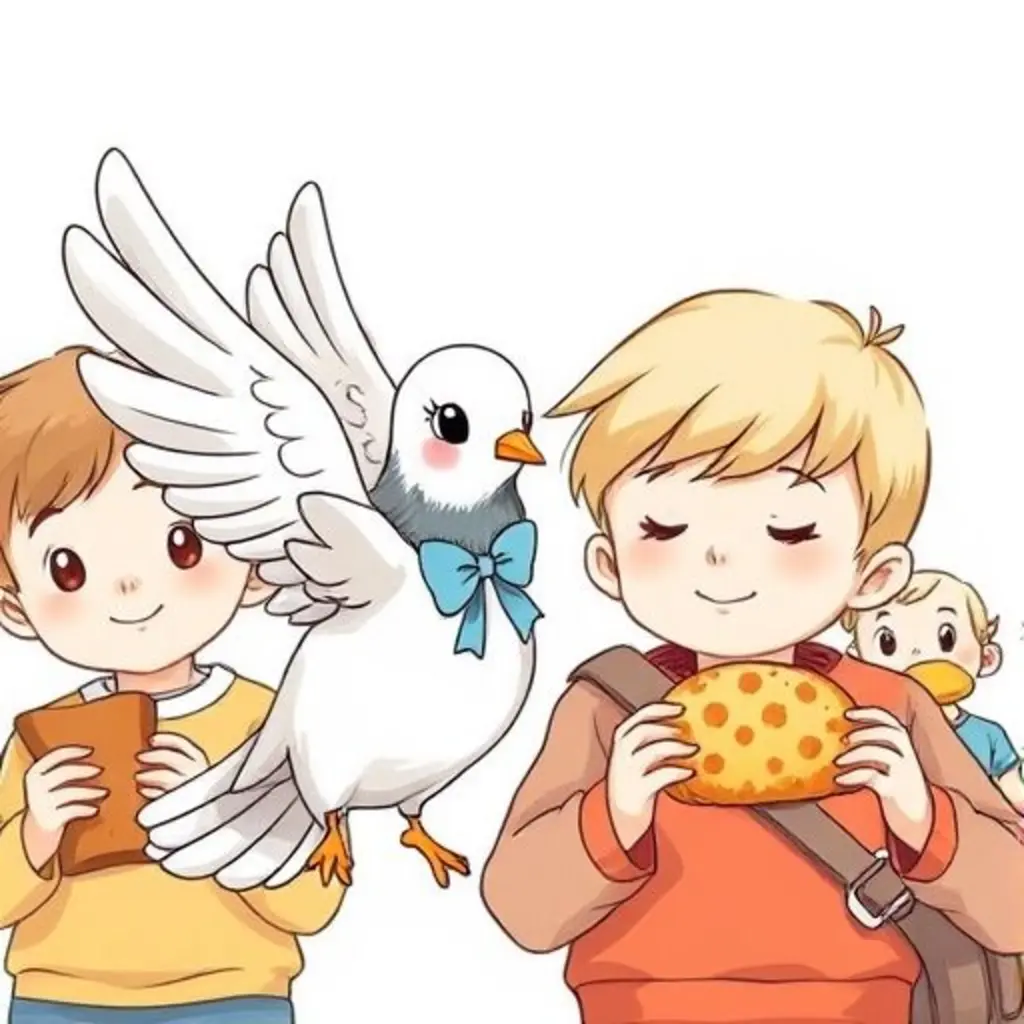 Pichona aterriza cerca de un niño sonriente con una torta frita.