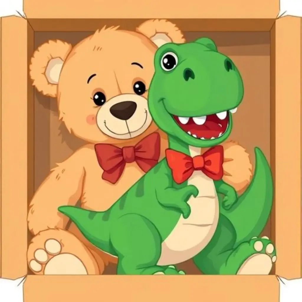 Miel, un oso de peluche, frotándose contra un dinosaurio que baila y ríe de forma absurda.