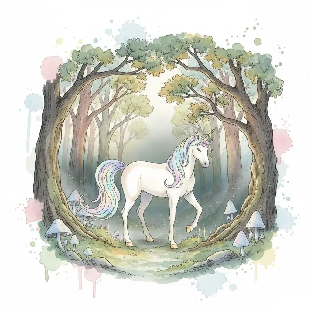 Se ven las patas blancas y pezuñas doradas de un unicornio junto a su cola de colores.