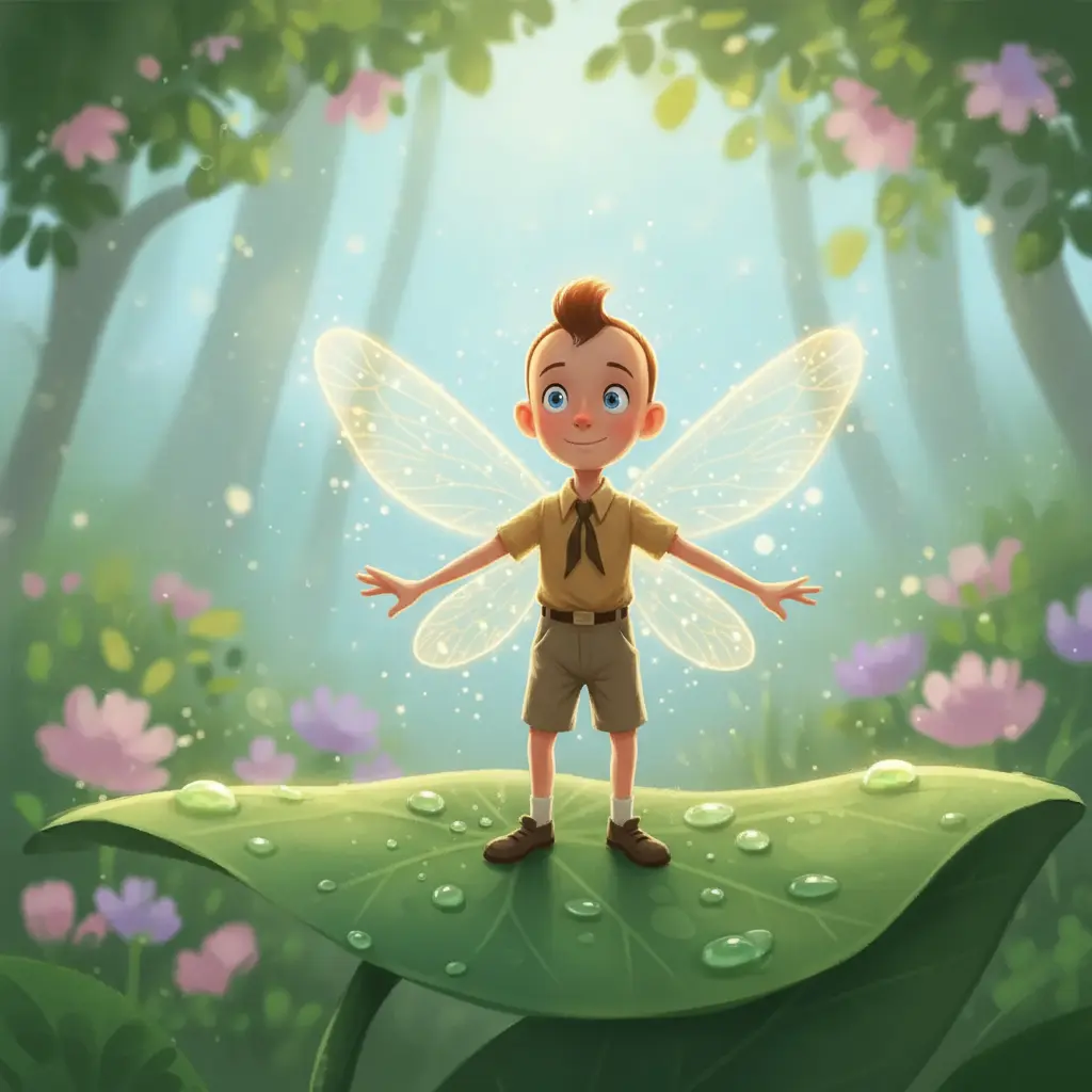 Tintín sonríe con asombro mientras prueba sus nuevas alas luminosas.